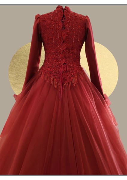 Bordo A-Line Tesettür Abiye Nişanlık