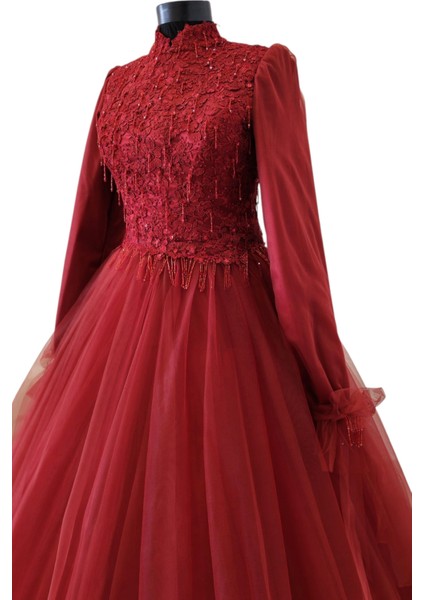 Bordo A-Line Tesettür Abiye Nişanlık