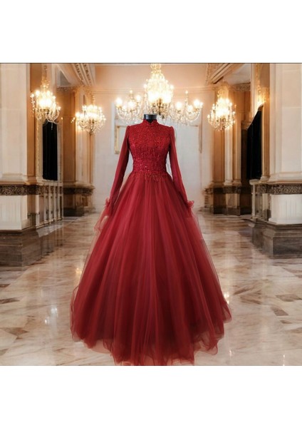 Bordo A-Line Tesettür Abiye Nişanlık