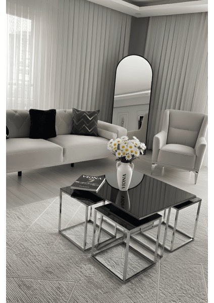 Meva 5'li Krom Kaplama Füme Aynalı Orta Sehpa & Zigon Sehpa & Yan Sehpa & Bohem Sehpa Takımı indirimleri