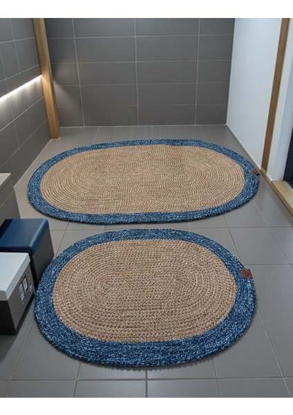 Mavi Kenarlı Hasır Görünümlü 2'li Oval Banyo Paspas Seti - El Yapımı