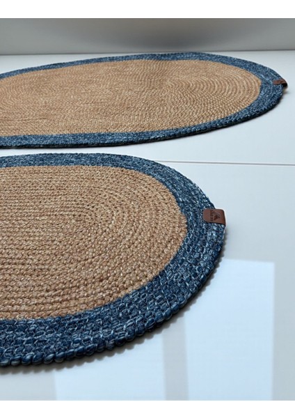 Mavi Kenarlı Hasır Görünümlü 2'li Oval Banyo Paspas Seti - El Yapımı modelleri