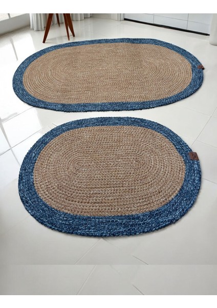 Mavi Kenarlı Hasır Görünümlü 2'li Oval Banyo Paspas Seti - El Yapımı fırsatları