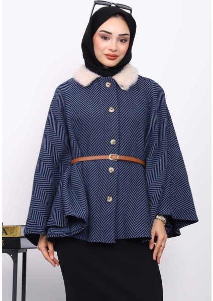 İndigo Yaka Kürklü Kemerli Panço