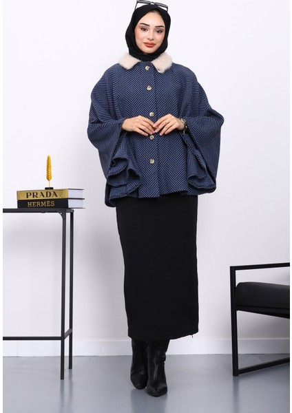 İndigo Yaka Kürklü Kemerli Panço fiyatları