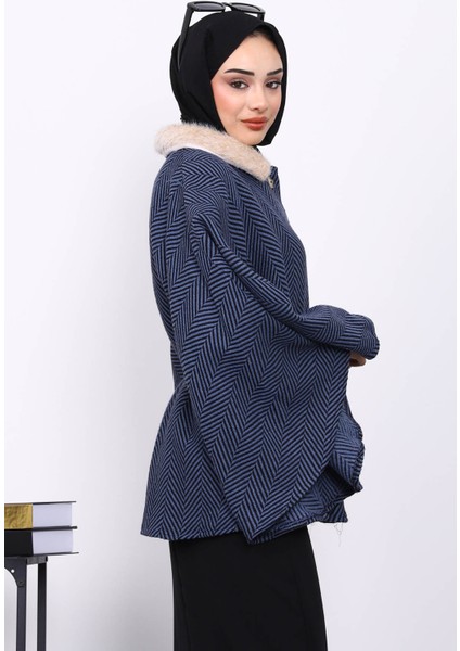 İndigo Yaka Kürklü Kemerli Panço modelleri