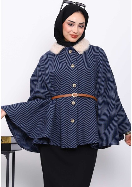 İndigo Yaka Kürklü Kemerli Panço fırsatları