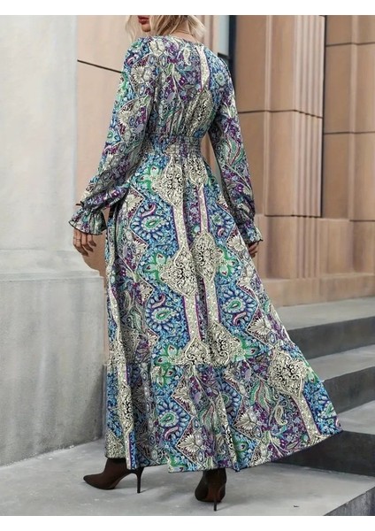 Kadın Uzun Kollu Kruvaze Yakalı Desenli Süprem Maxi Elbise indirimleri