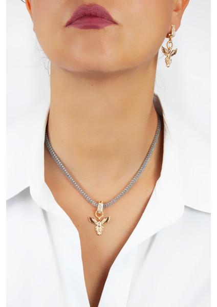 Baget Zirkon Taşlı Anka Kuş Figür Kolye Küpe Set modelleri