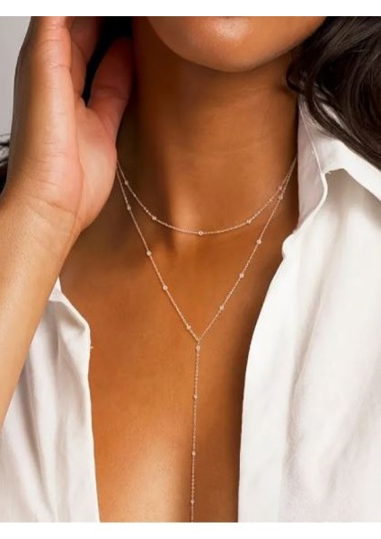 Y Şekilli Boncuklu Altın Rengi Uzun Kolye-Kc Altın Kaplama