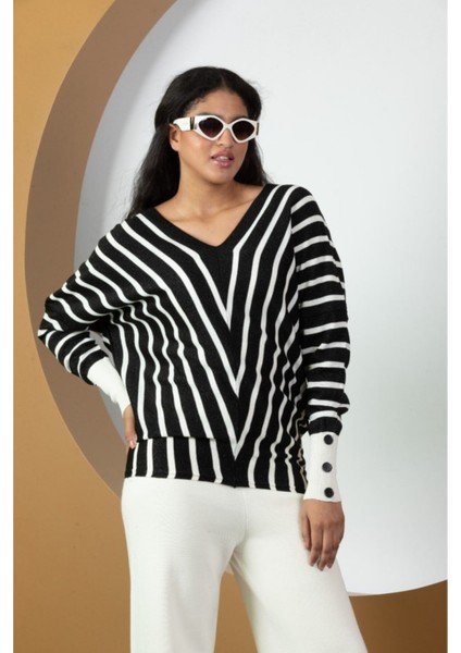 Kadın Çizgili V Yaka Triko Tunik Standart Beden 21004