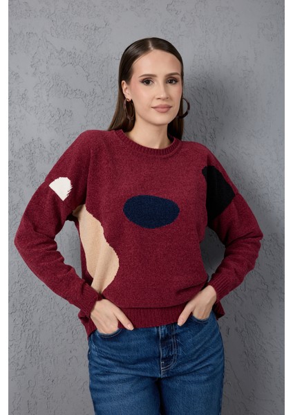 Kadın Bordo Şönil Kadife Renk Bloklu Bisiklet Yaka Triko Kazak