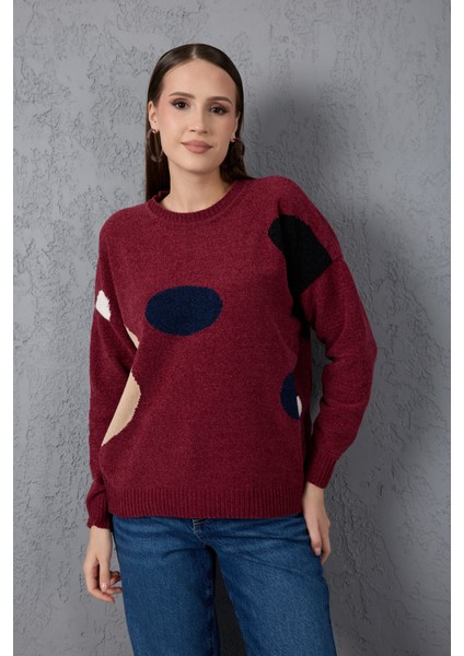 Kadın Bordo Şönil Kadife Renk Bloklu Bisiklet Yaka Triko Kazak fiyatları