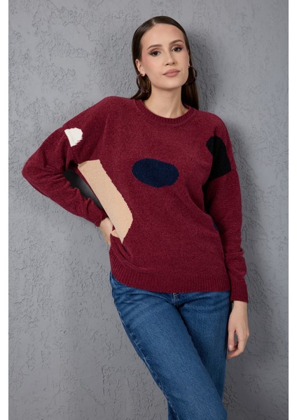 Kadın Bordo Şönil Kadife Renk Bloklu Bisiklet Yaka Triko Kazak modelleri