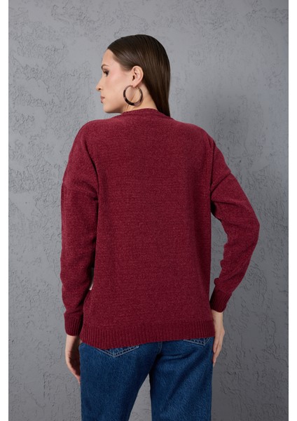 Kadın Bordo Şönil Kadife Renk Bloklu Bisiklet Yaka Triko Kazak fırsatları