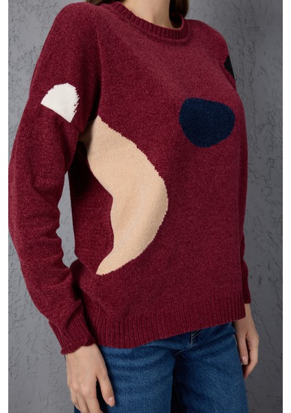 Kadın Bordo Şönil Kadife Renk Bloklu Bisiklet Yaka Triko Kazak indirimleri