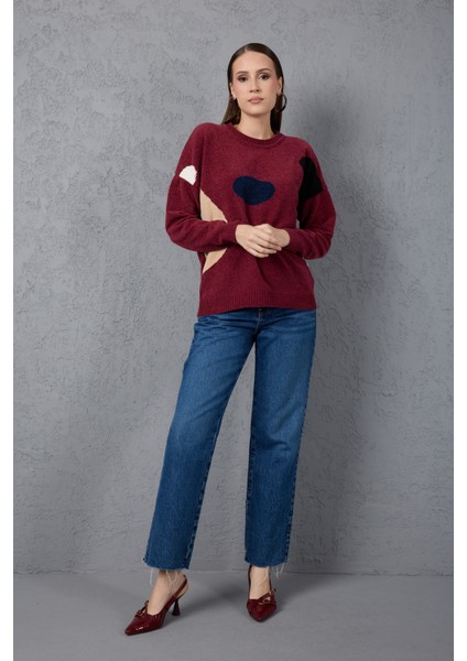 Kadın Bordo Şönil Kadife Renk Bloklu Bisiklet Yaka Triko Kazak