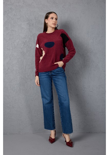 Kadın Bordo Şönil Kadife Renk Bloklu Bisiklet Yaka Triko Kazak