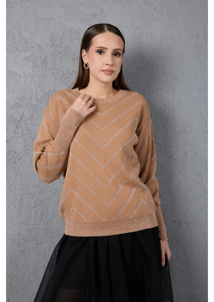 Kadın Bej Geniş Manşetli Bisiklet Yaka Sim Desenli Triko Bluz
