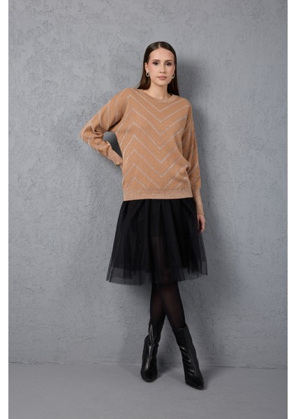 Kadın Bej Geniş Manşetli Bisiklet Yaka Sim Desenli Triko Bluz