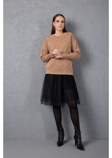 Kadın Bej Geniş Manşetli Bisiklet Yaka Sim Desenli Triko Bluz