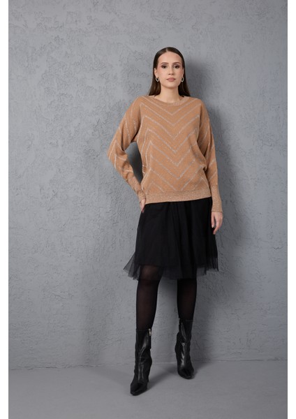 Kadın Bej Geniş Manşetli Bisiklet Yaka Sim Desenli Triko Bluz
