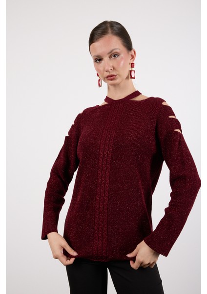 Kadın Bordo Omuzları Kesik Detaylı Reglan Kollu Simli Triko Kazak fiyatları