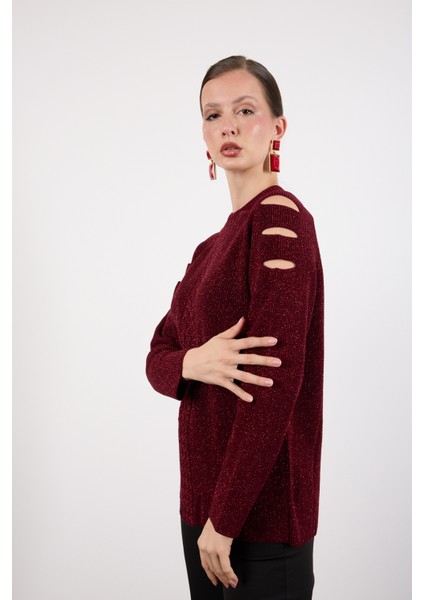 Kadın Bordo Omuzları Kesik Detaylı Reglan Kollu Simli Triko Kazak modelleri
