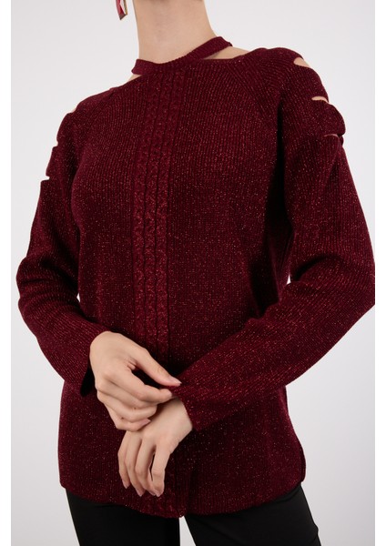 Kadın Bordo Omuzları Kesik Detaylı Reglan Kollu Simli Triko Kazak fırsatları