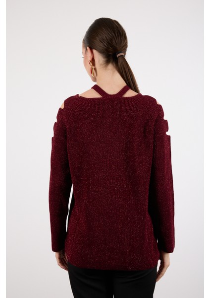 Kadın Bordo Omuzları Kesik Detaylı Reglan Kollu Simli Triko Kazak indirimleri
