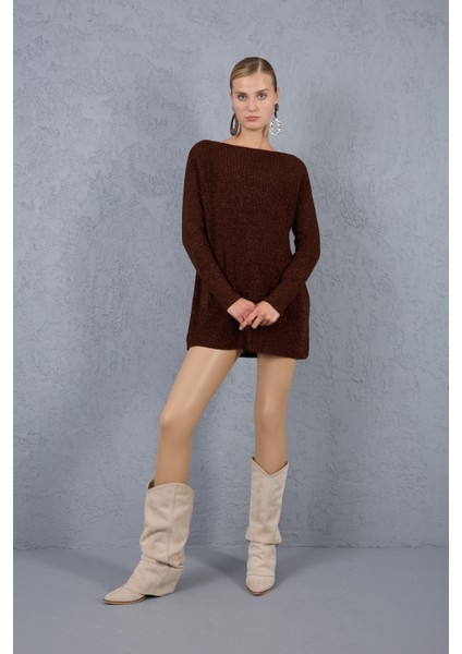 Kadın Acı Kahve Reglan Kollu Kayık Yaka Simli Triko Kazak