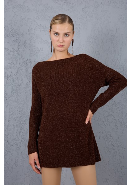 Kadın Acı Kahve Reglan Kollu Kayık Yaka Simli Triko Kazak fiyatları
