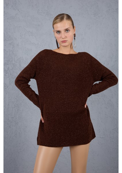 Kadın Acı Kahve Reglan Kollu Kayık Yaka Simli Triko Kazak modelleri