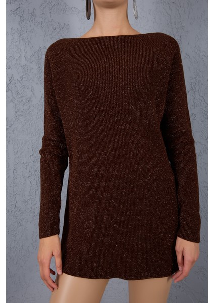 Kadın Acı Kahve Reglan Kollu Kayık Yaka Simli Triko Kazak fırsatları
