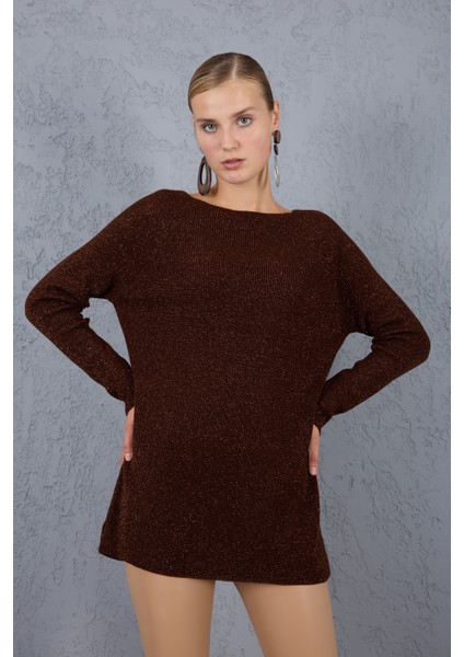 Kadın Acı Kahve Reglan Kollu Kayık Yaka Simli Triko Kazak indirimleri
