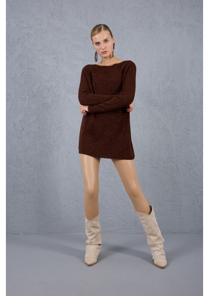 Kadın Acı Kahve Reglan Kollu Kayık Yaka Simli Triko Kazak