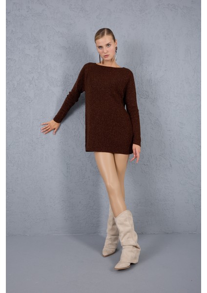 Kadın Acı Kahve Reglan Kollu Kayık Yaka Simli Triko Kazak