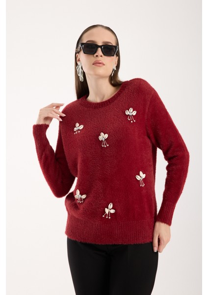 Kadın Bordo Sakal Iplik Önü Aksesuarlı Bisiklet Yaka Triko Kazak