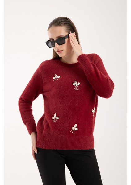 Kadın Bordo Sakal Iplik Önü Aksesuarlı Bisiklet Yaka Triko Kazak fiyatları