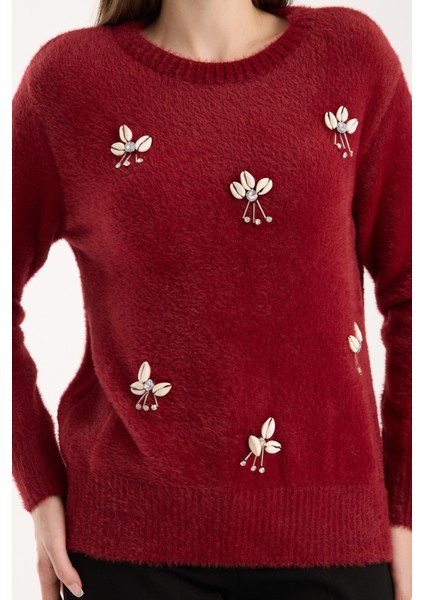 Kadın Bordo Sakal Iplik Önü Aksesuarlı Bisiklet Yaka Triko Kazak fırsatları