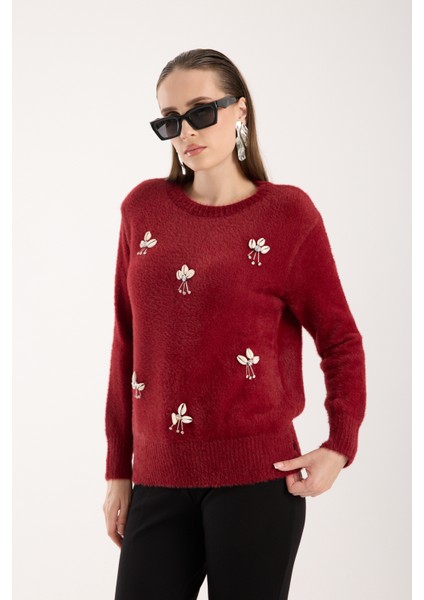 Kadın Bordo Sakal Iplik Önü Aksesuarlı Bisiklet Yaka Triko Kazak indirimleri