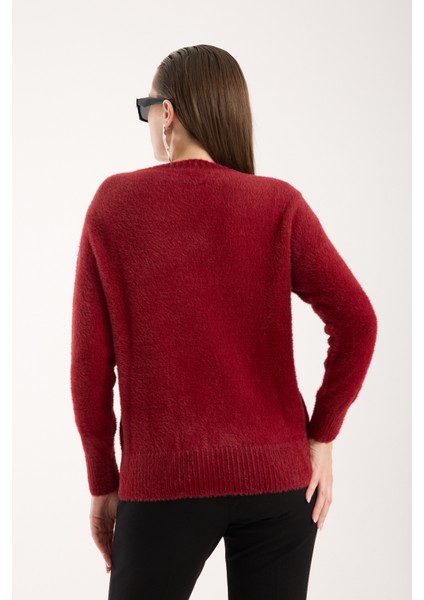 Kadın Bordo Sakal Iplik Önü Aksesuarlı Bisiklet Yaka Triko Kazak