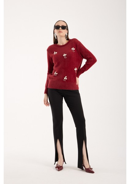 Kadın Bordo Sakal Iplik Önü Aksesuarlı Bisiklet Yaka Triko Kazak