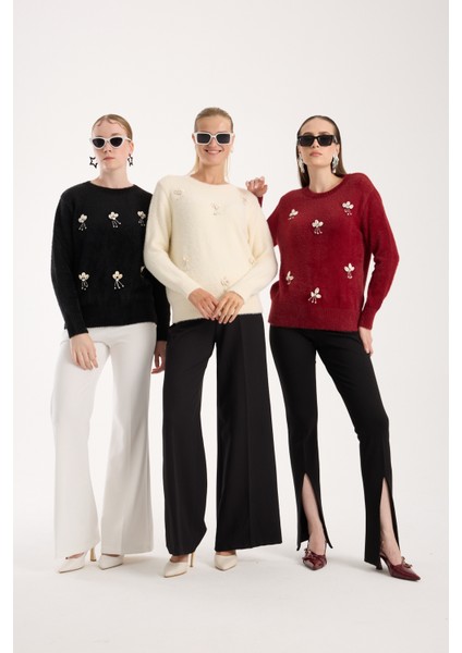 Kadın Bordo Sakal Iplik Önü Aksesuarlı Bisiklet Yaka Triko Kazak