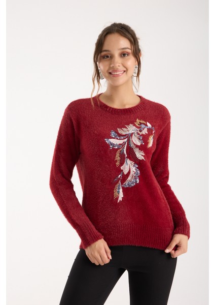 Kadın Bordo Sakal Iplik Yaprak Desenli Boncuk Nakışlı Bisiklet Yaka Triko Kazak fırsatları