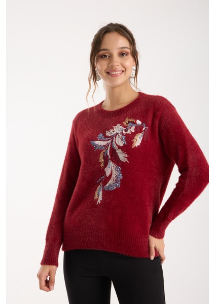 Kadın Bordo Sakal Iplik Yaprak Desenli Boncuk Nakışlı Bisiklet Yaka Triko Kazak indirimleri