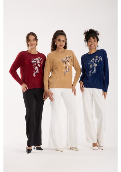 Kadın Bordo Sakal Iplik Yaprak Desenli Boncuk Nakışlı Bisiklet Yaka Triko Kazak