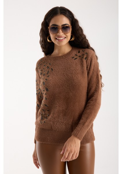 Kadın Taba Sakal Iplik Boncuk Nakışlı Bisiklet Yaka Triko Bluz