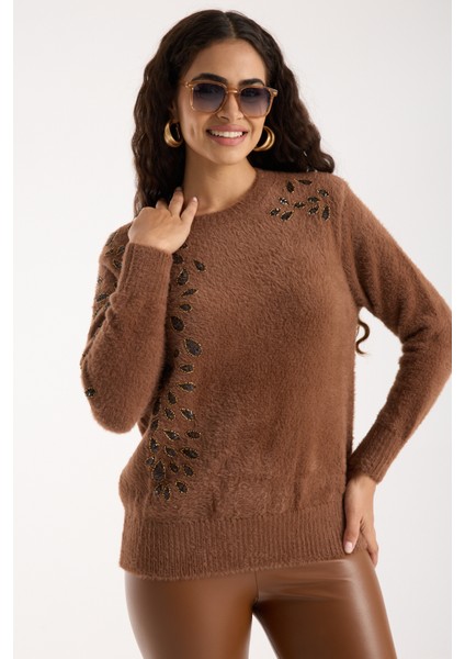 Kadın Taba Sakal Iplik Boncuk Nakışlı Bisiklet Yaka Triko Bluz fiyatları