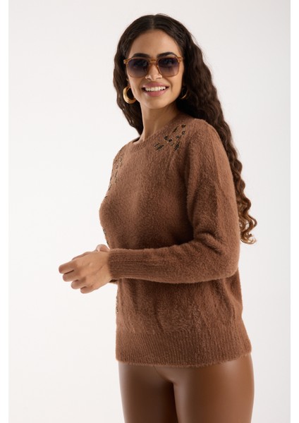 Kadın Taba Sakal Iplik Boncuk Nakışlı Bisiklet Yaka Triko Bluz fırsatları